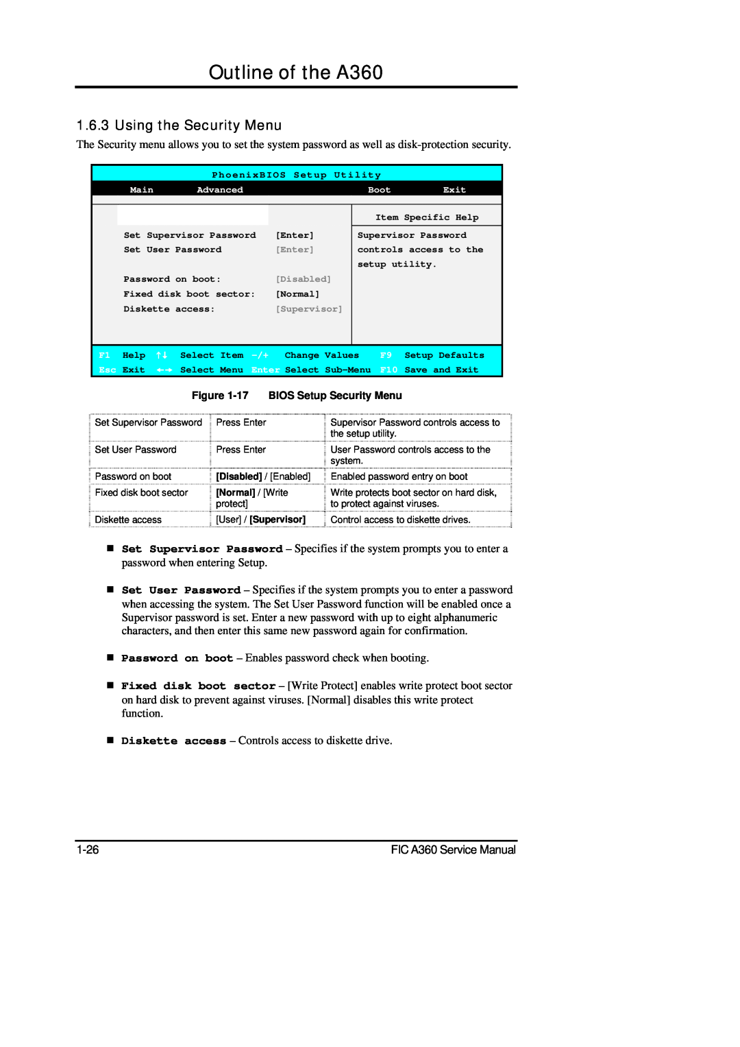 FIC service manual Outline of the A360, Using the Security Menu 