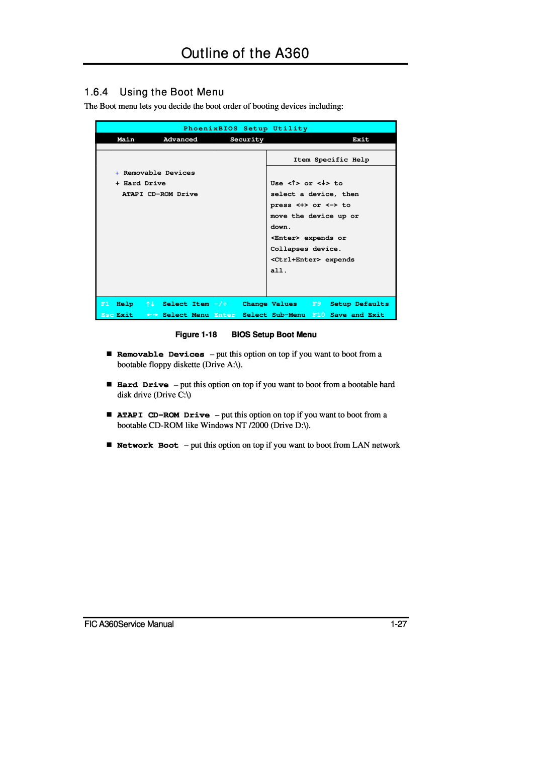 FIC service manual Outline of the A360, Using the Boot Menu, 18 BIOS Setup Boot Menu 