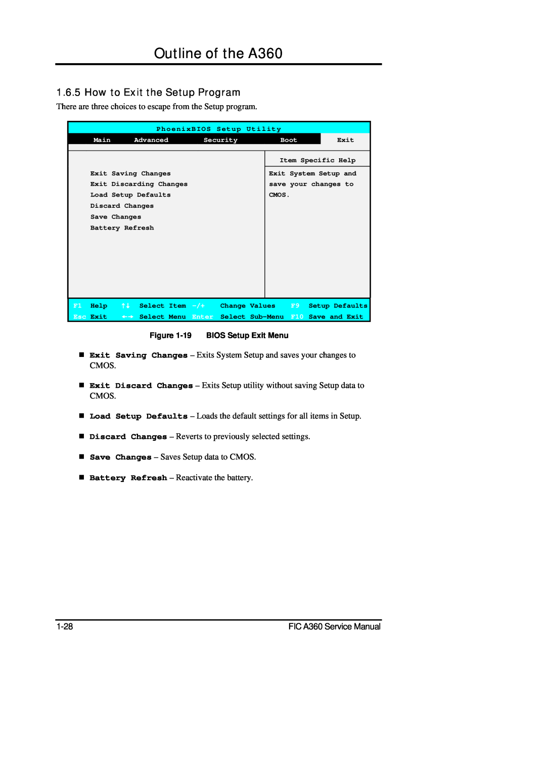 FIC service manual Outline of the A360, How to Exit the Setup Program 