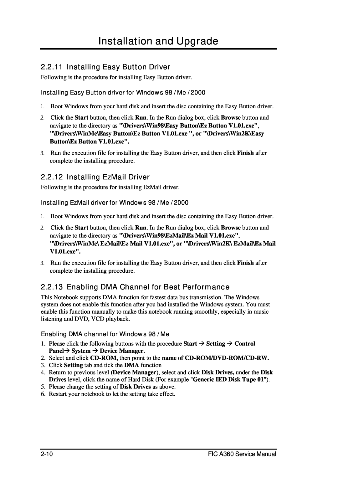 FIC A360 service manual Installing Easy Button Driver, Installing EzMail Driver, Enabling DMA Channel for Best Performance 
