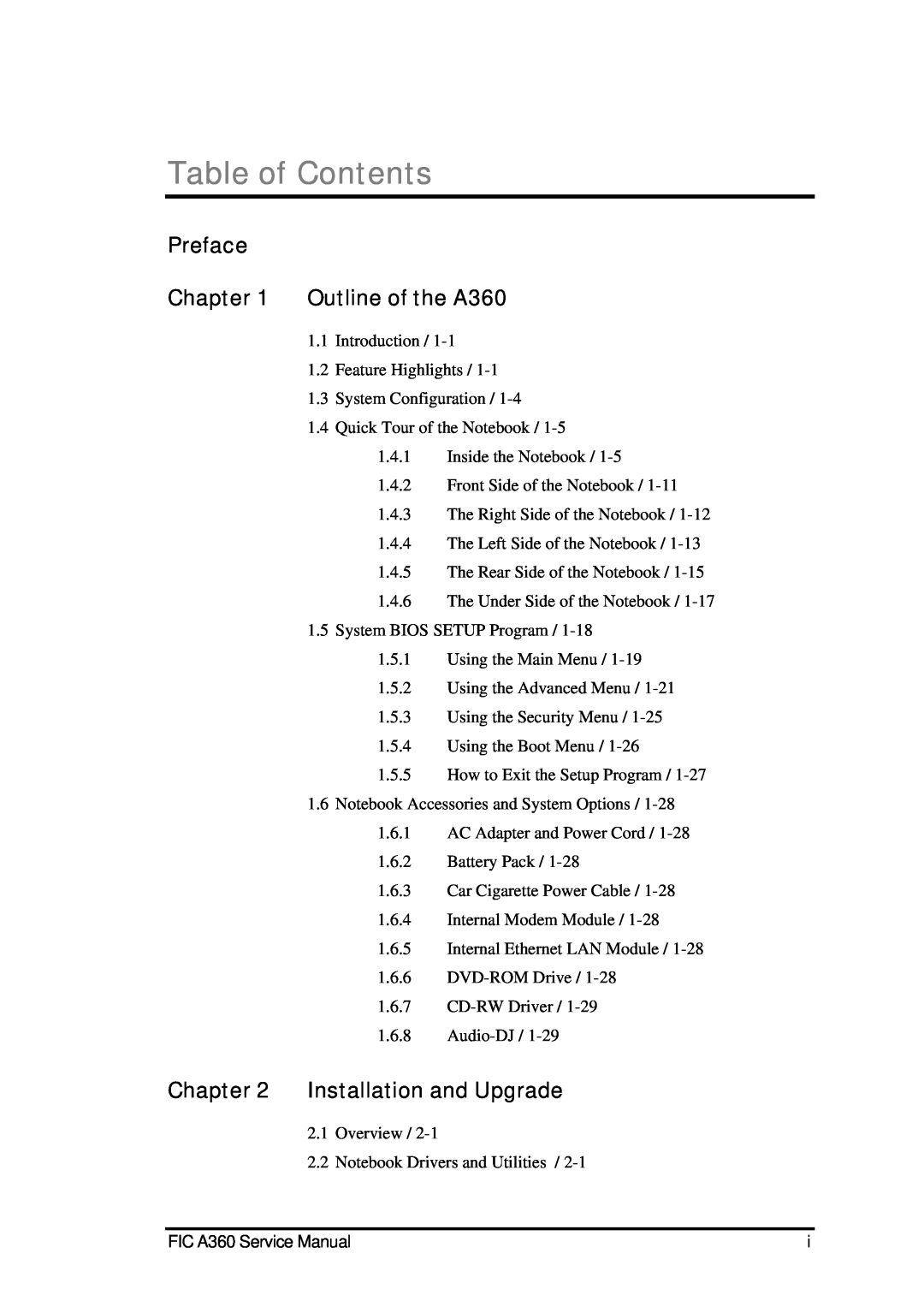FIC service manual Table of Contents, Preface Outline of the A360, Installation and Upgrade 