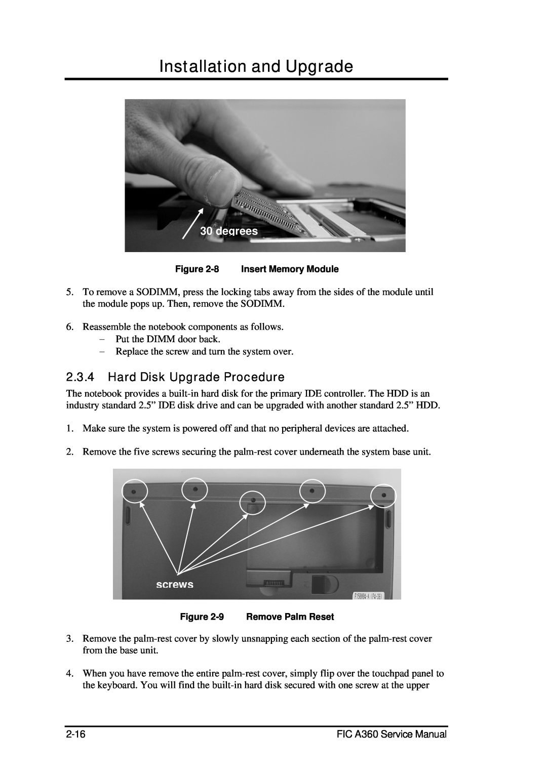 FIC A360 service manual Hard Disk Upgrade Procedure, degrees, Installation and Upgrade, screws, 8 Insert Memory Module 