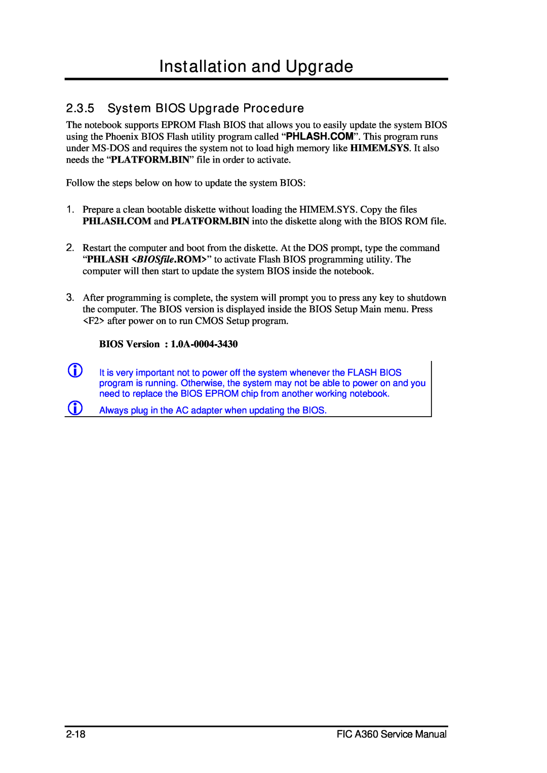 FIC A360 service manual System BIOS Upgrade Procedure, Installation and Upgrade, BIOS Version 1.0A-0004-3430 