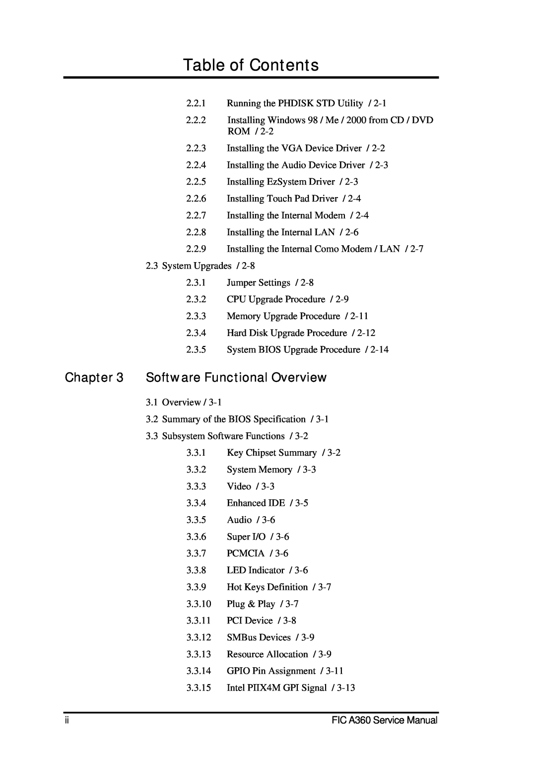 FIC A360 service manual Table of Contents, Software Functional Overview 