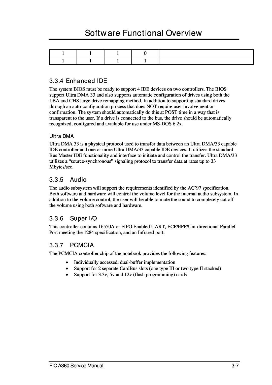 FIC A360 service manual Enhanced IDE, Audio, Super I/O, Pcmcia, Software Functional Overview, Ultra DMA 