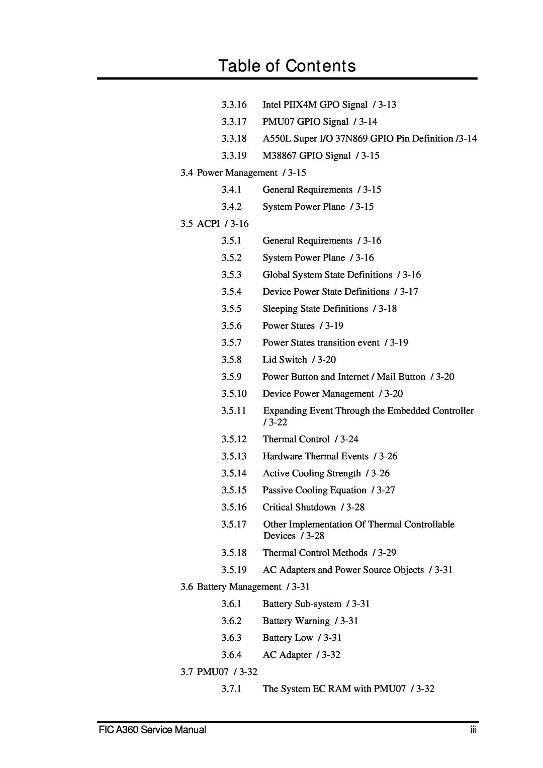 FIC A360 service manual Table of Contents, Intel PIIX4M GPO Signal 3.3.17 PMU07 GPIO Signal 