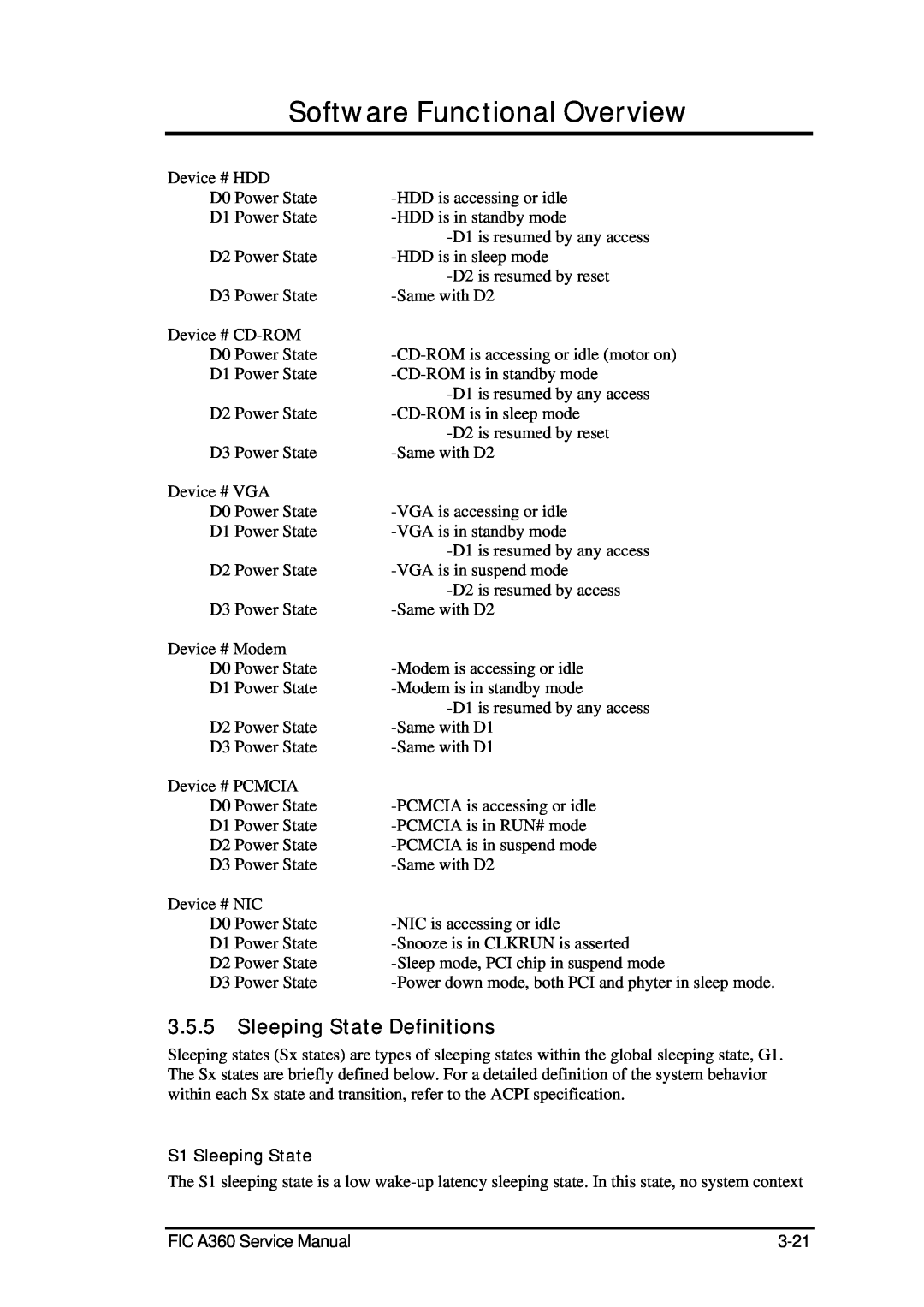 FIC A360 service manual Sleeping State Definitions, Software Functional Overview, S1 Sleeping State 