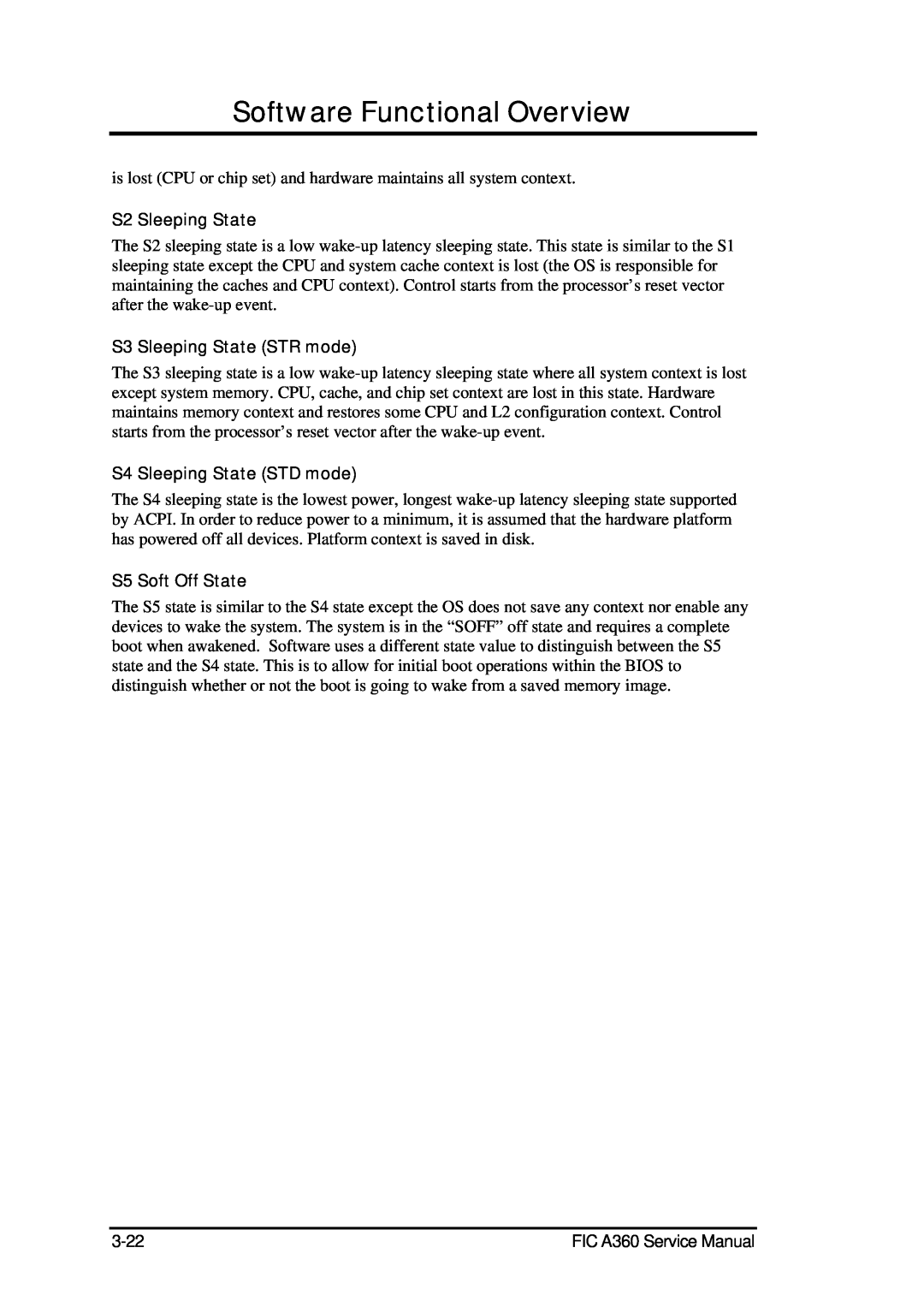 FIC A360 Software Functional Overview, S2 Sleeping State, S3 Sleeping State STR mode, S4 Sleeping State STD mode 