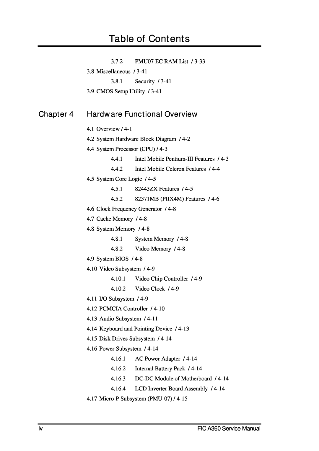 FIC A360 service manual Hardware Functional Overview, Table of Contents 