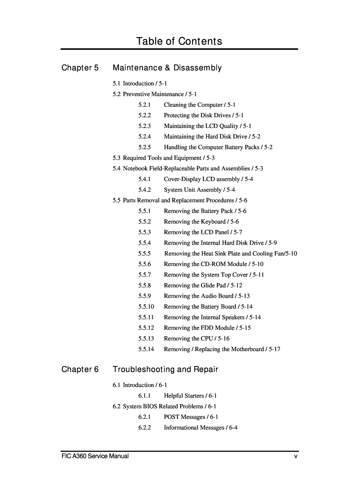 FIC A360 service manual Maintenance & Disassembly, Troubleshooting and Repair, Table of Contents 