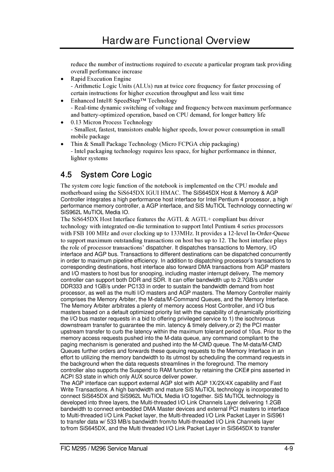 FIC M295, M296 service manual System Core Logic 