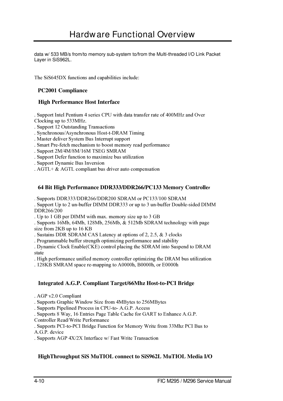 FIC M296, M295 service manual PC2001 Compliance High Performance Host Interface 