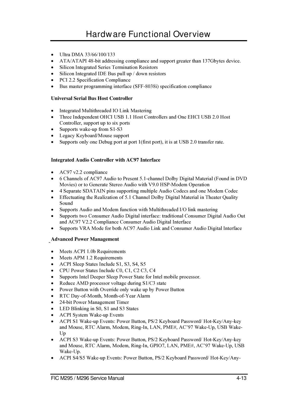 FIC M295 Universal Serial Bus Host Controller, Integrated Audio Controller with AC97 Interface, Advanced Power Management 