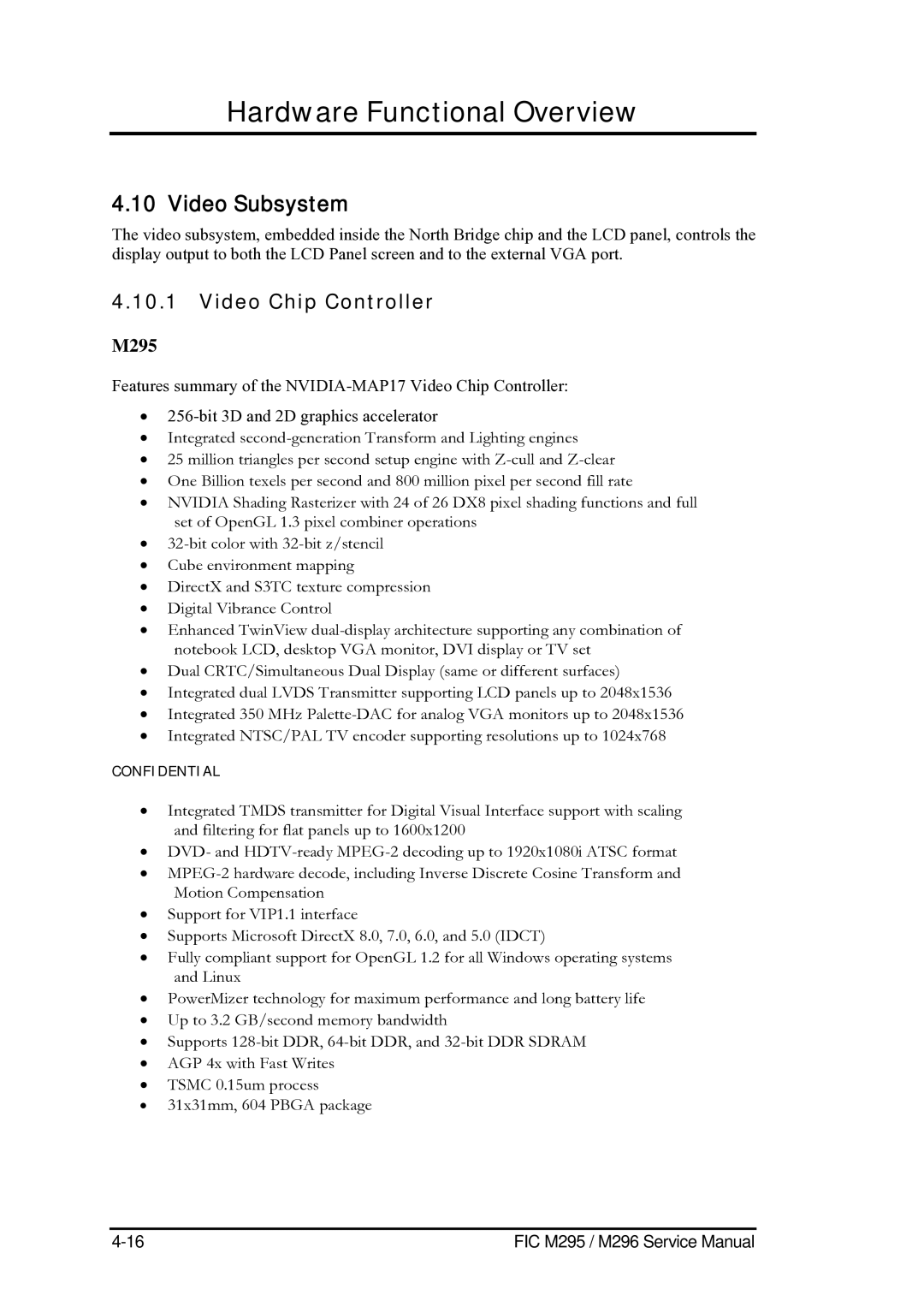 FIC M296, M295 service manual Video Subsystem, Video Chip Controller 