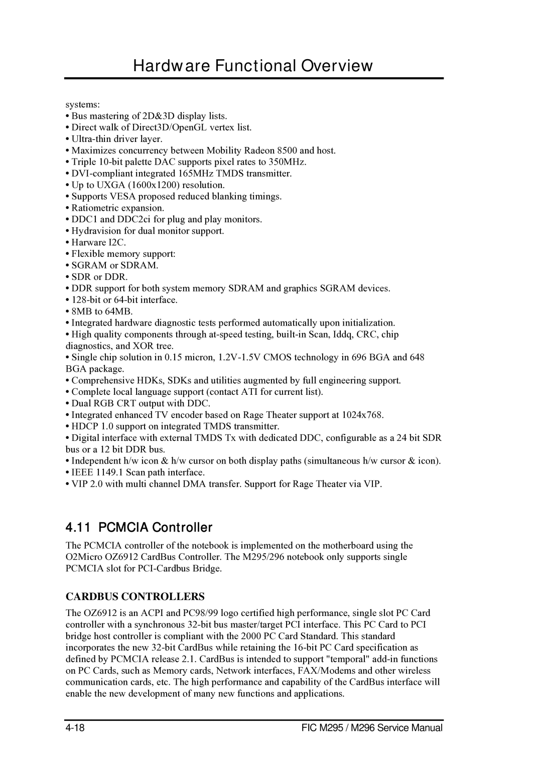 FIC M296, M295 service manual Pcmcia Controller, Cardbus Controllers 