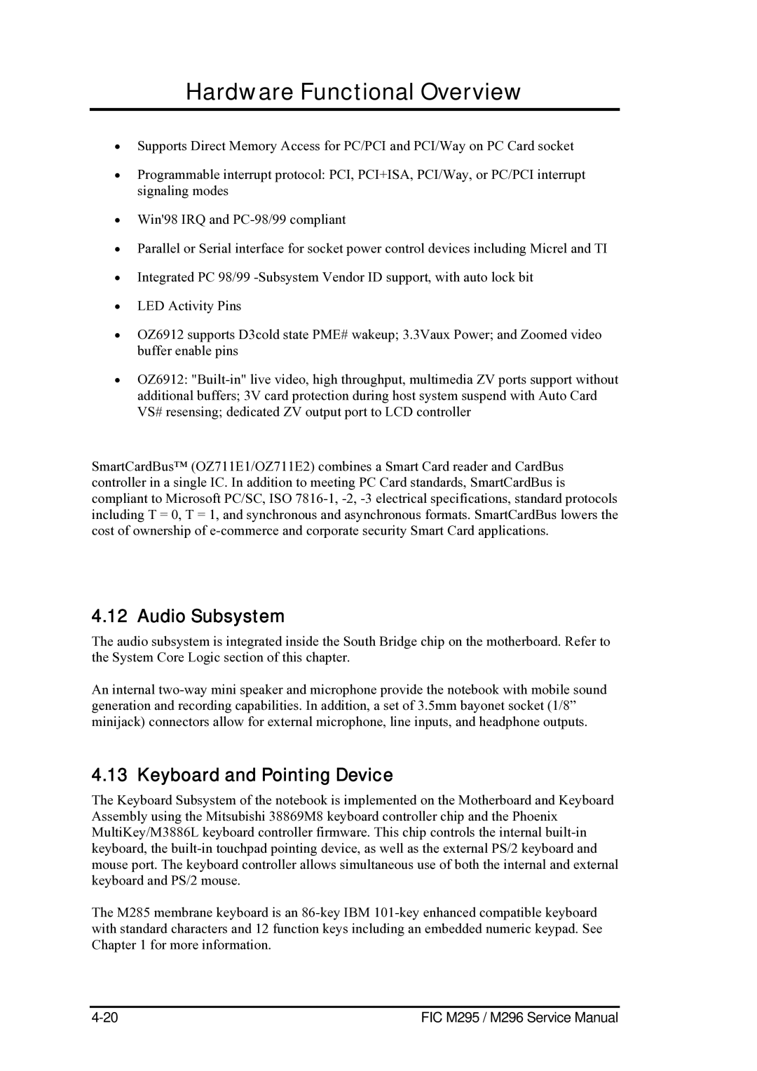 FIC M296, M295 service manual Audio Subsystem, Keyboard and Pointing Device 