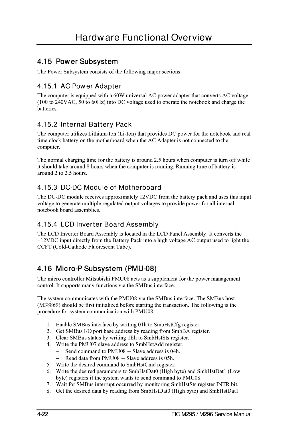 FIC M296, M295 service manual Power Subsystem, Micro-P Subsystem PMU-08 