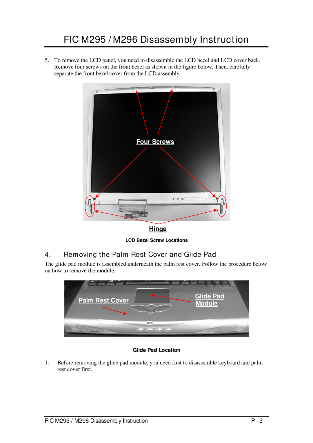 FIC M296, M295 service manual Removing the Palm Rest Cover and Glide Pad, Glide Pad Location, LCD Bezel Screw Locations 