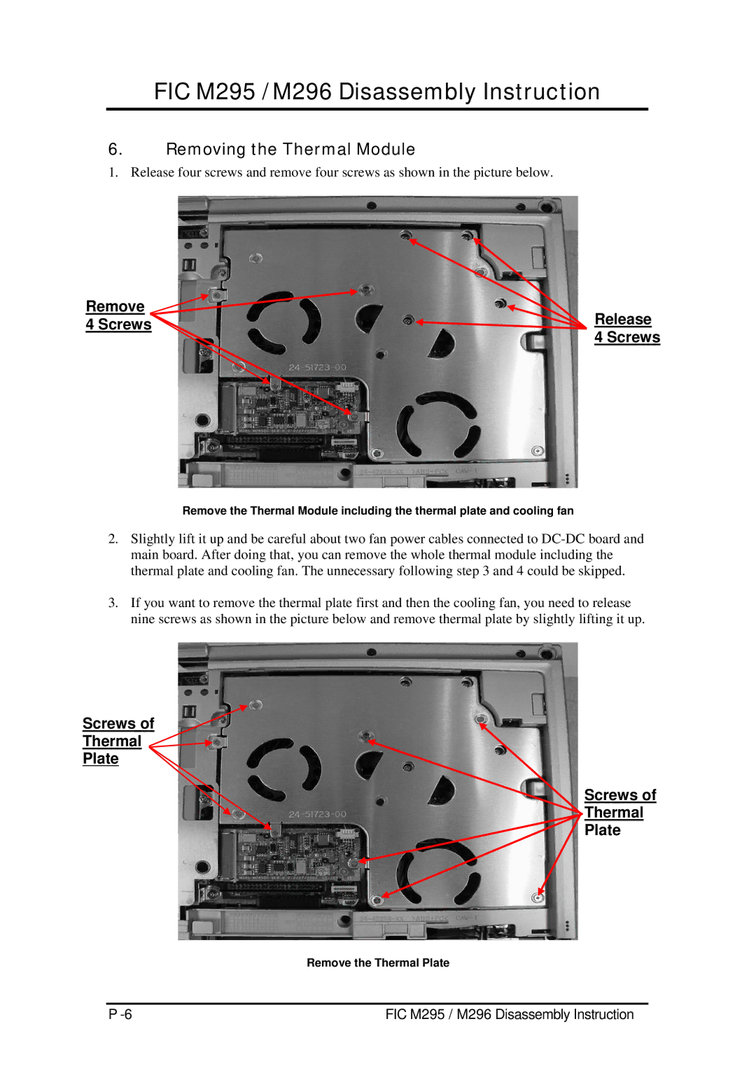 FIC M295, M296 service manual Removing the Thermal Module, Remove Screws Release 