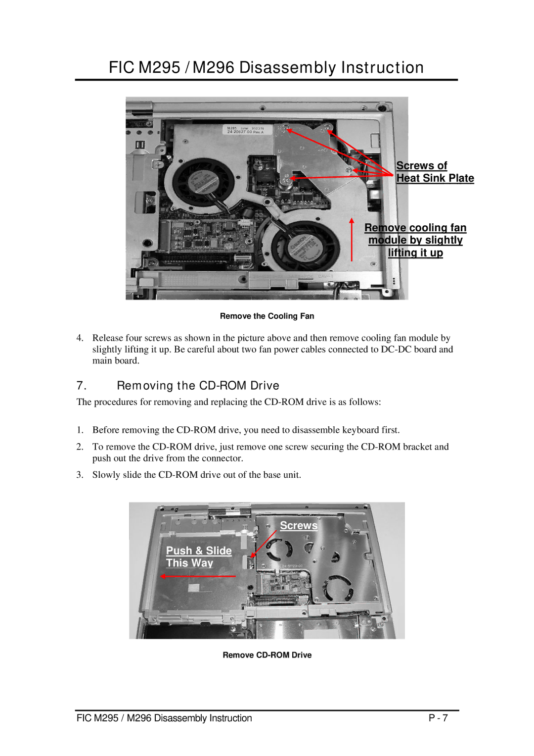 FIC M296, M295 service manual Removing the CD-ROM Drive, Remove CD-ROM Drive 