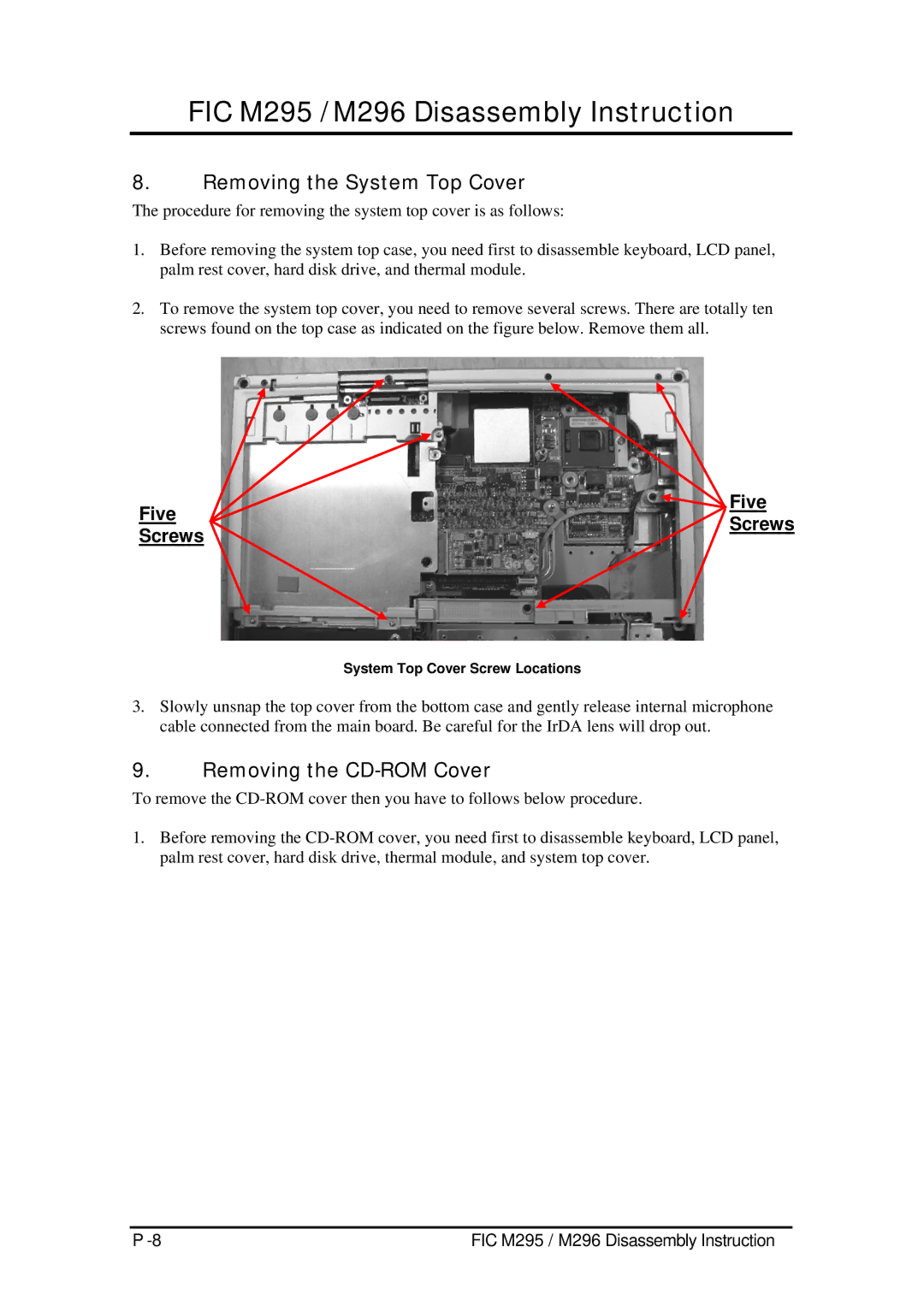 FIC M295, M296 service manual Removing the System Top Cover, Removing the CD-ROM Cover, System Top Cover Screw Locations 