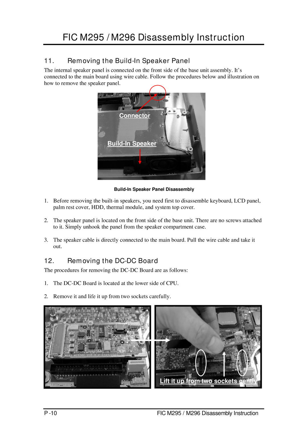 FIC M295, M296 Removing the Build-In Speaker Panel, Removing the DC-DC Board, Build-In Speaker Panel Disassembly 