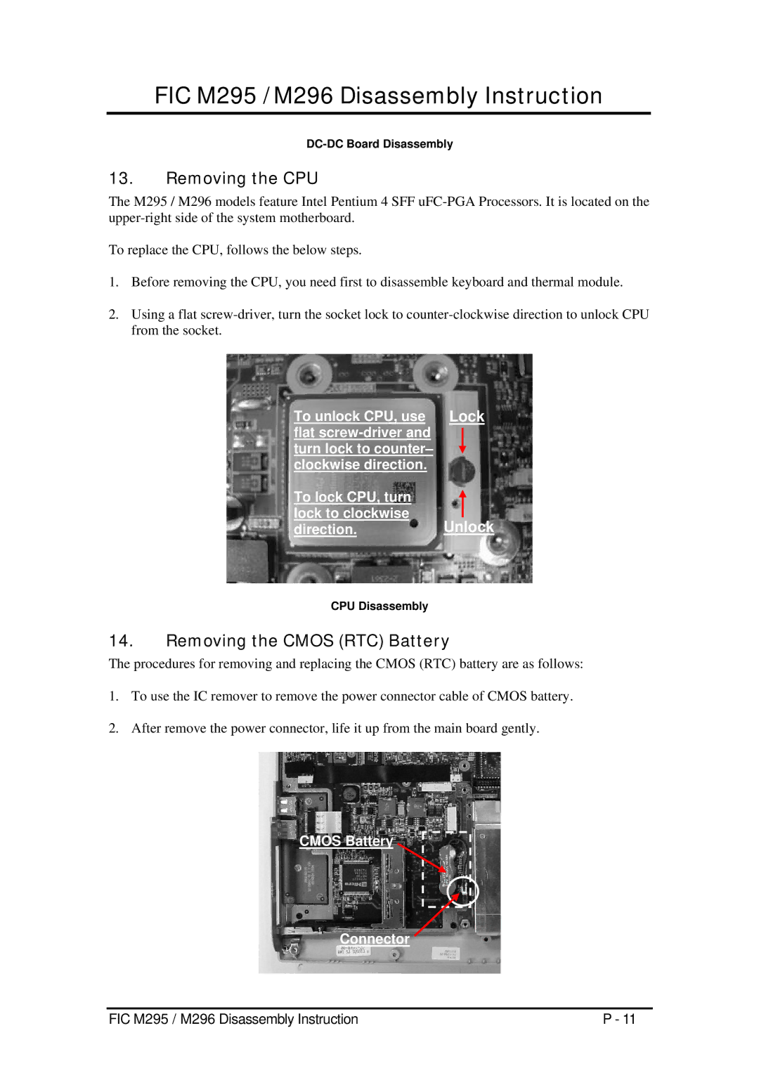 FIC M296, M295 service manual Removing the Cmos RTC Battery, DC-DC Board Disassembly, CPU Disassembly 