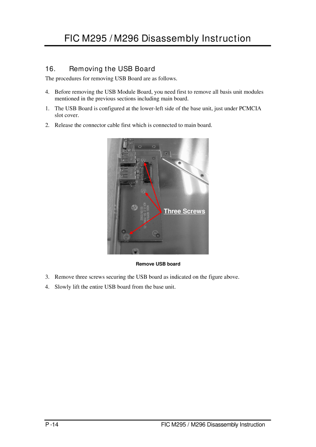 FIC M295, M296 service manual Removing the USB Board, Remove USB board 