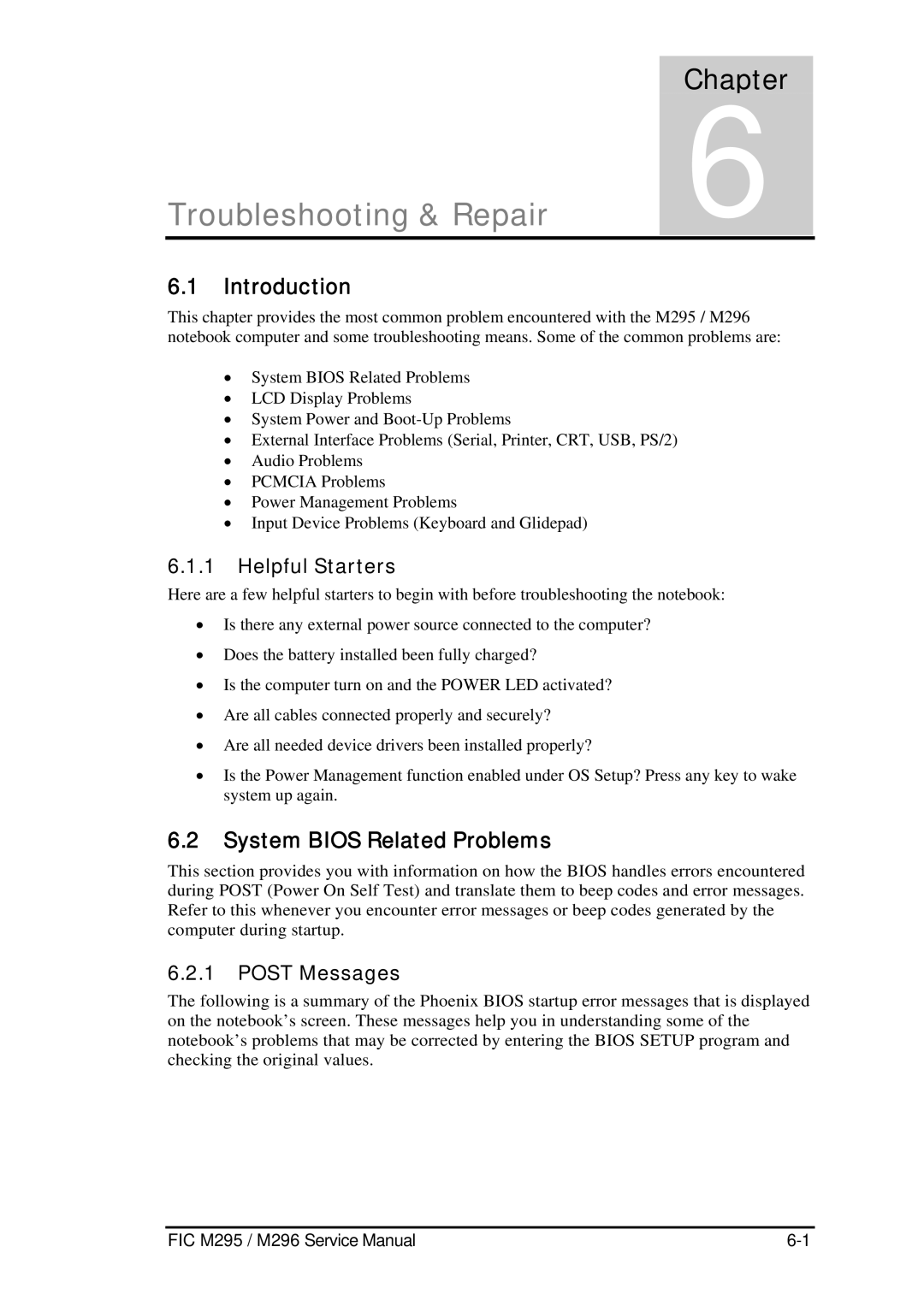 FIC M296, M295 service manual System Bios Related Problems, Helpful Starters, Post Messages 