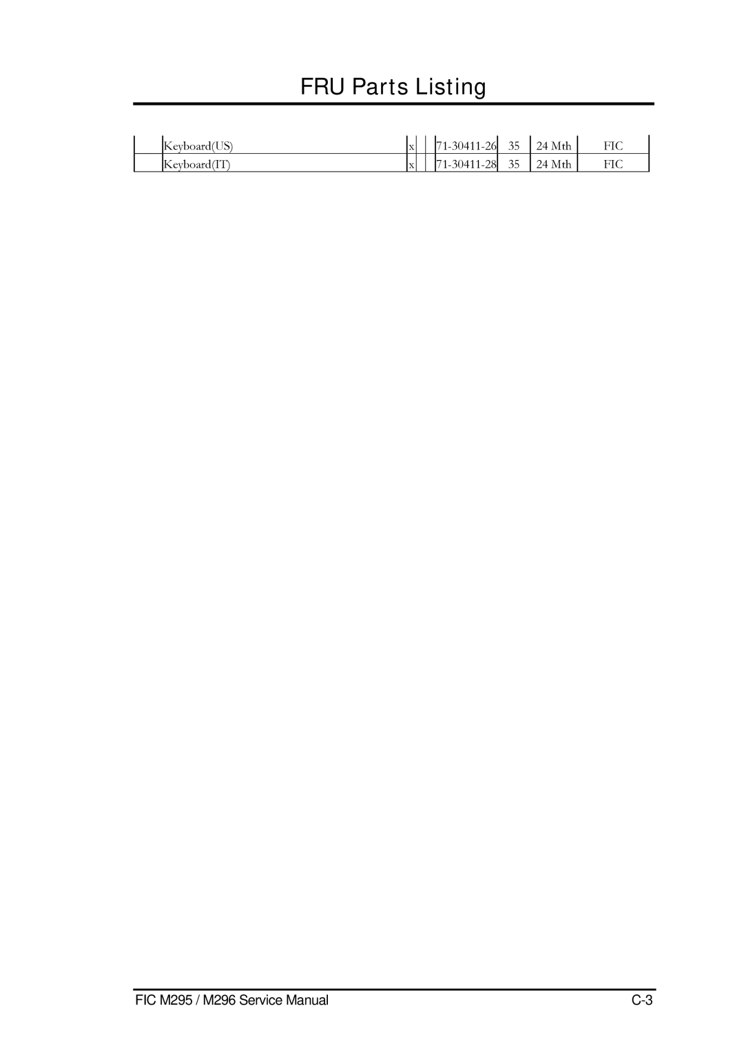 FIC M296, M295 service manual KeyboardUS 71-30411-26 24 Mth 