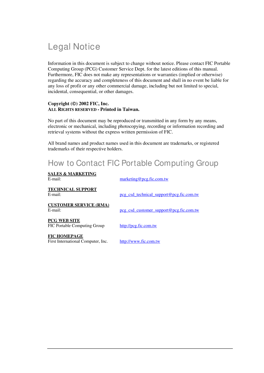 FIC M295, M296 service manual Legal Notice, Copyright 2002 FIC, Inc 