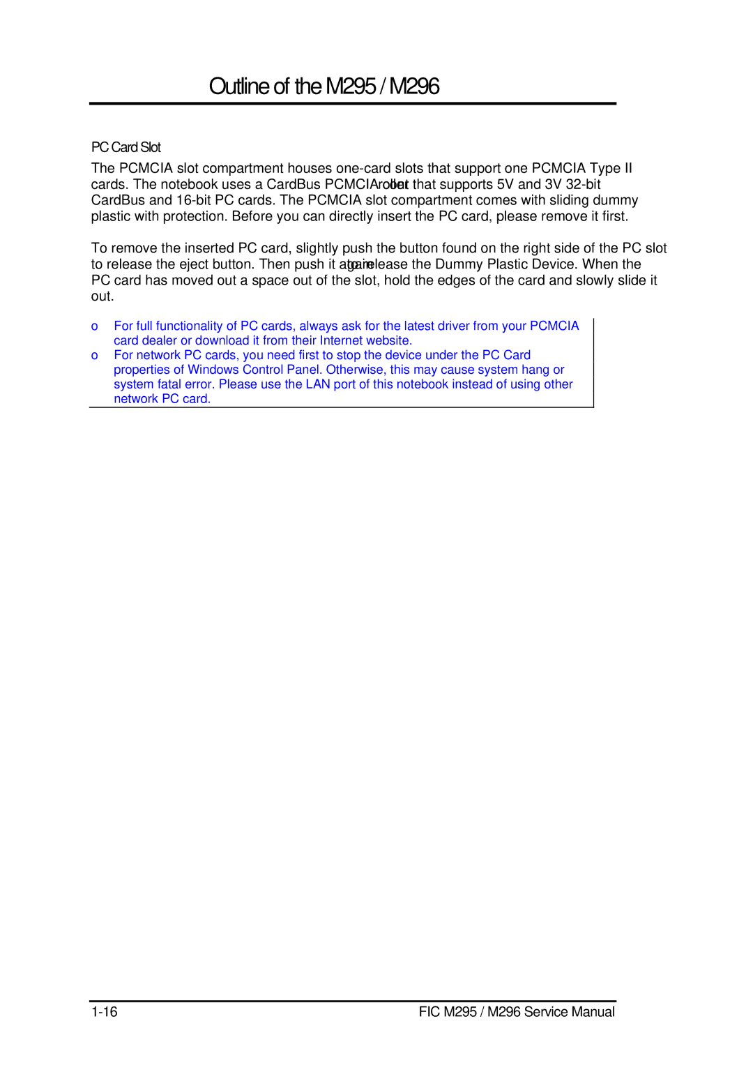 FIC M295, M296 service manual PC Card Slot 