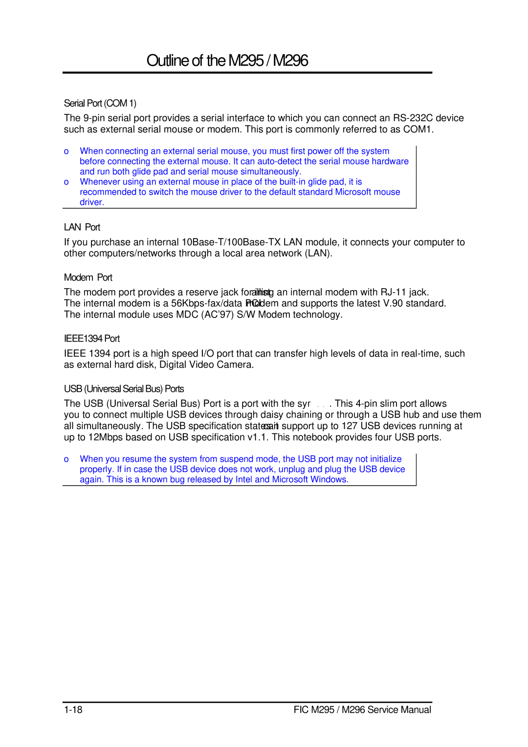 FIC M295, M296 service manual Serial Port COM, LAN Port, Modem Port, IEEE1394 Port, USB Universal Serial Bus Ports 