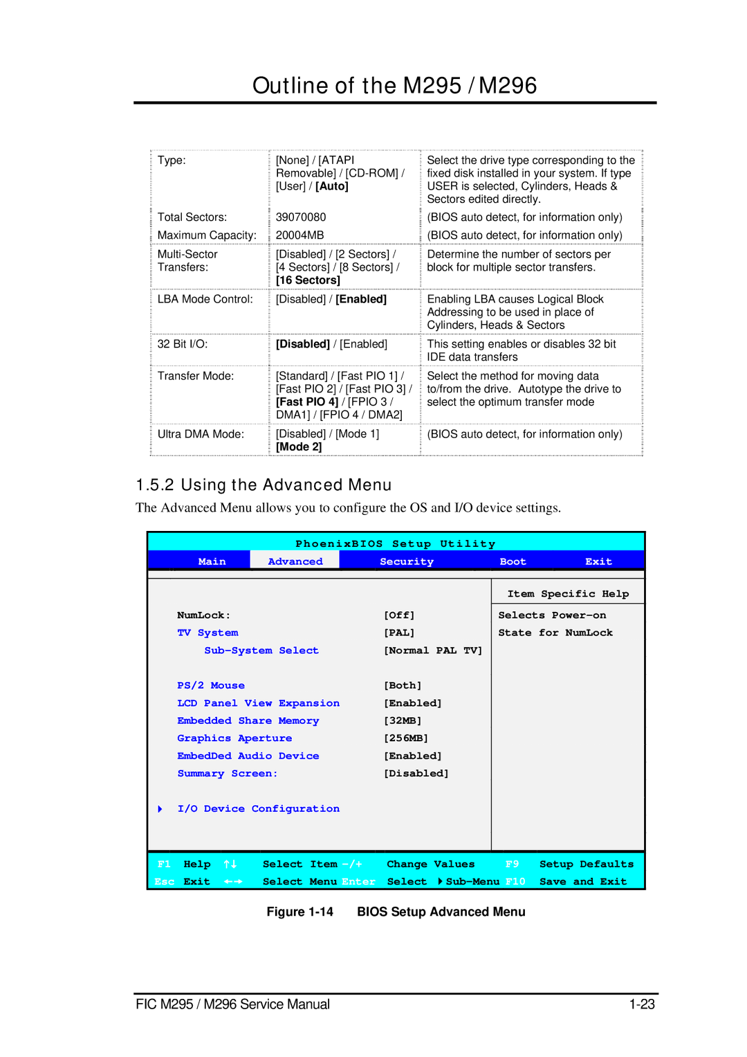 FIC M296, M295 service manual Using the Advanced Menu, Sectors, Disabled / Enabled, Fast PIO 4 / Fpio, Mode 