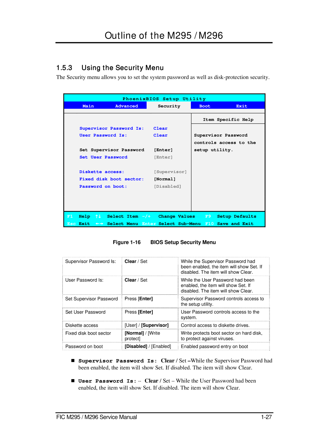 FIC M296, M295 service manual Using the Security Menu, Clear / Set, Press Enter, User / Supervisor, Normal / Write 