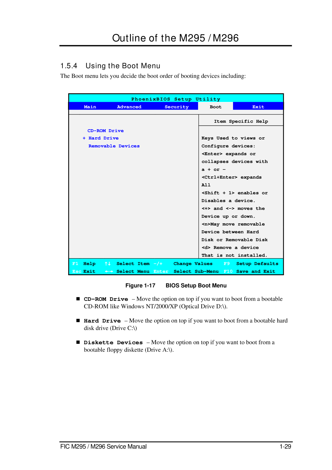 FIC M296, M295 service manual Using the Boot Menu, Bios Setup Boot Menu 