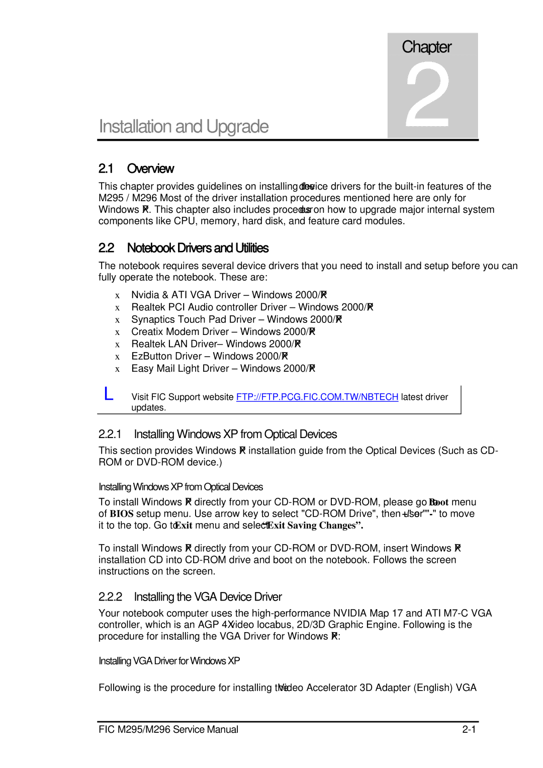 FIC M296, M295 service manual Overview, Installing Windows XP from Optical Devices, Installing the VGA Device Driver 