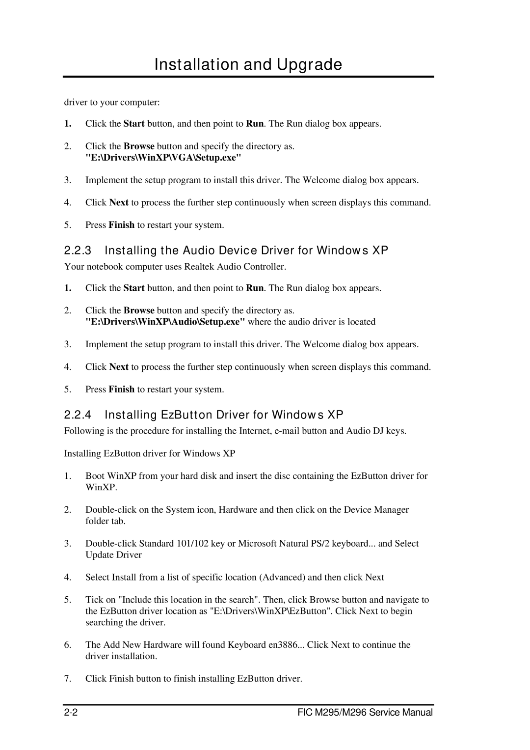 FIC M295, M296 service manual Installing the Audio Device Driver for Windows XP, Installing EzButton Driver for Windows XP 