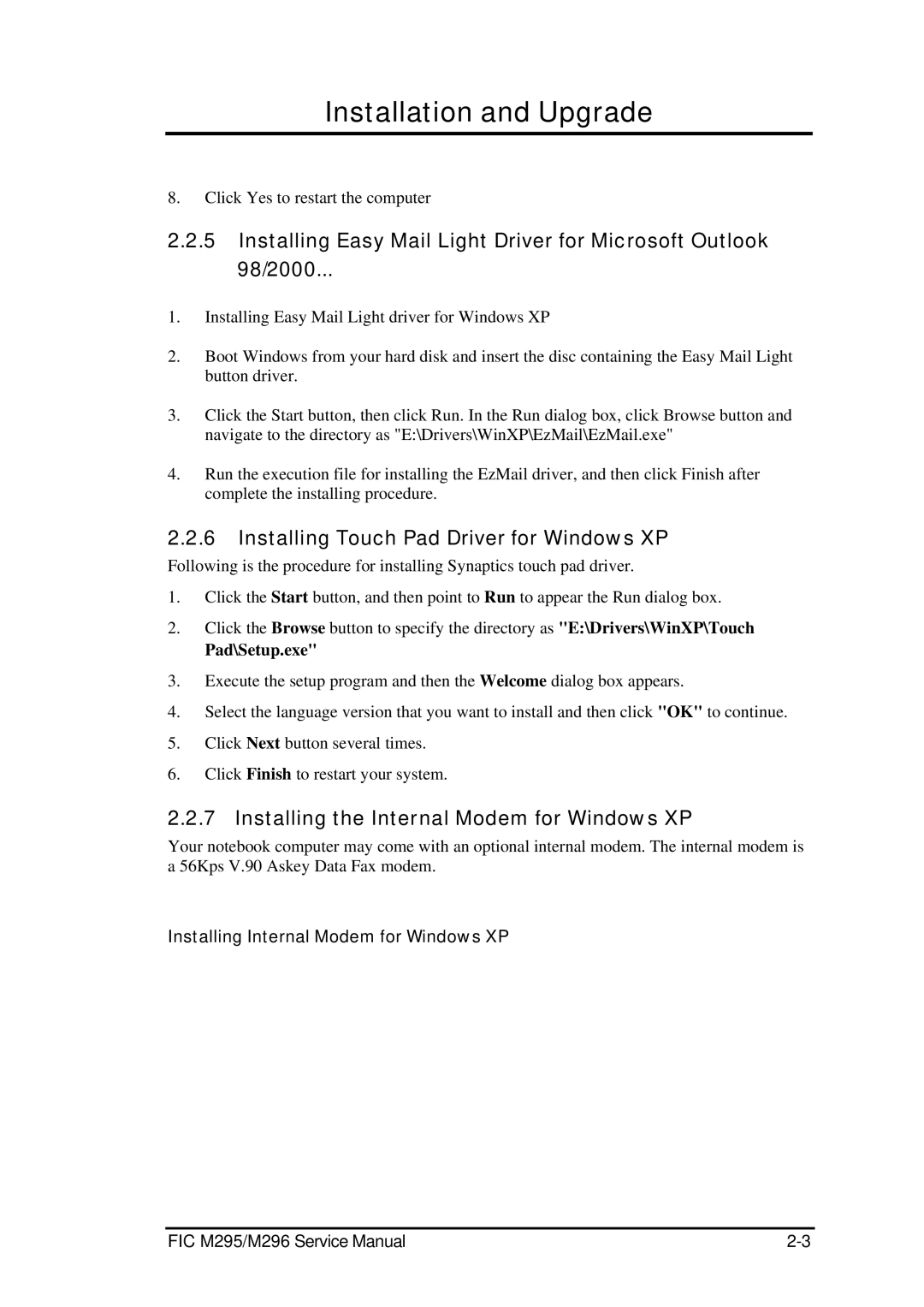 FIC M296, M295 Installing Touch Pad Driver for Windows XP, Installing the Internal Modem for Windows XP, Pad\Setup.exe 