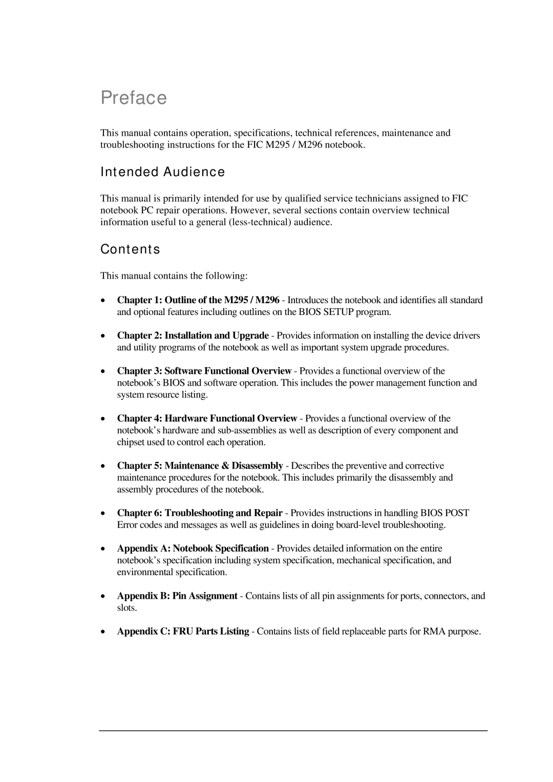 FIC M295, M296 service manual Intended Audience, Contents 