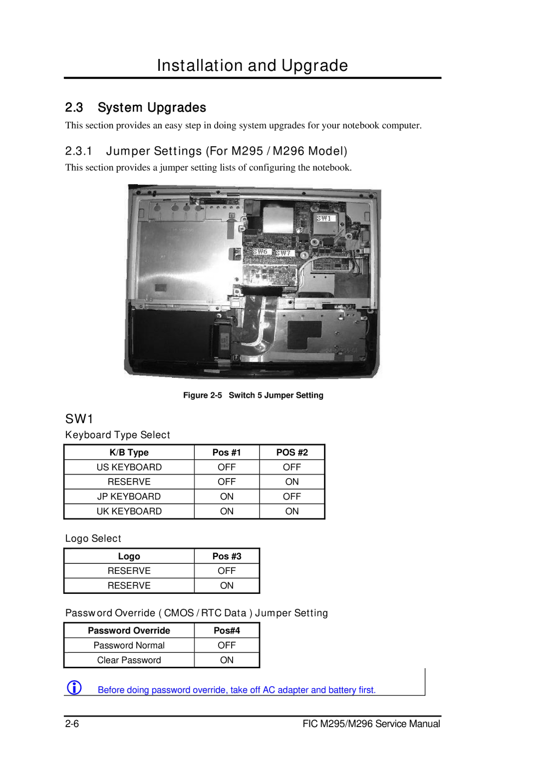 FIC service manual System Upgrades, Jumper Settings For M295 / M296 Model, Keyboard Type Select, Logo Select 