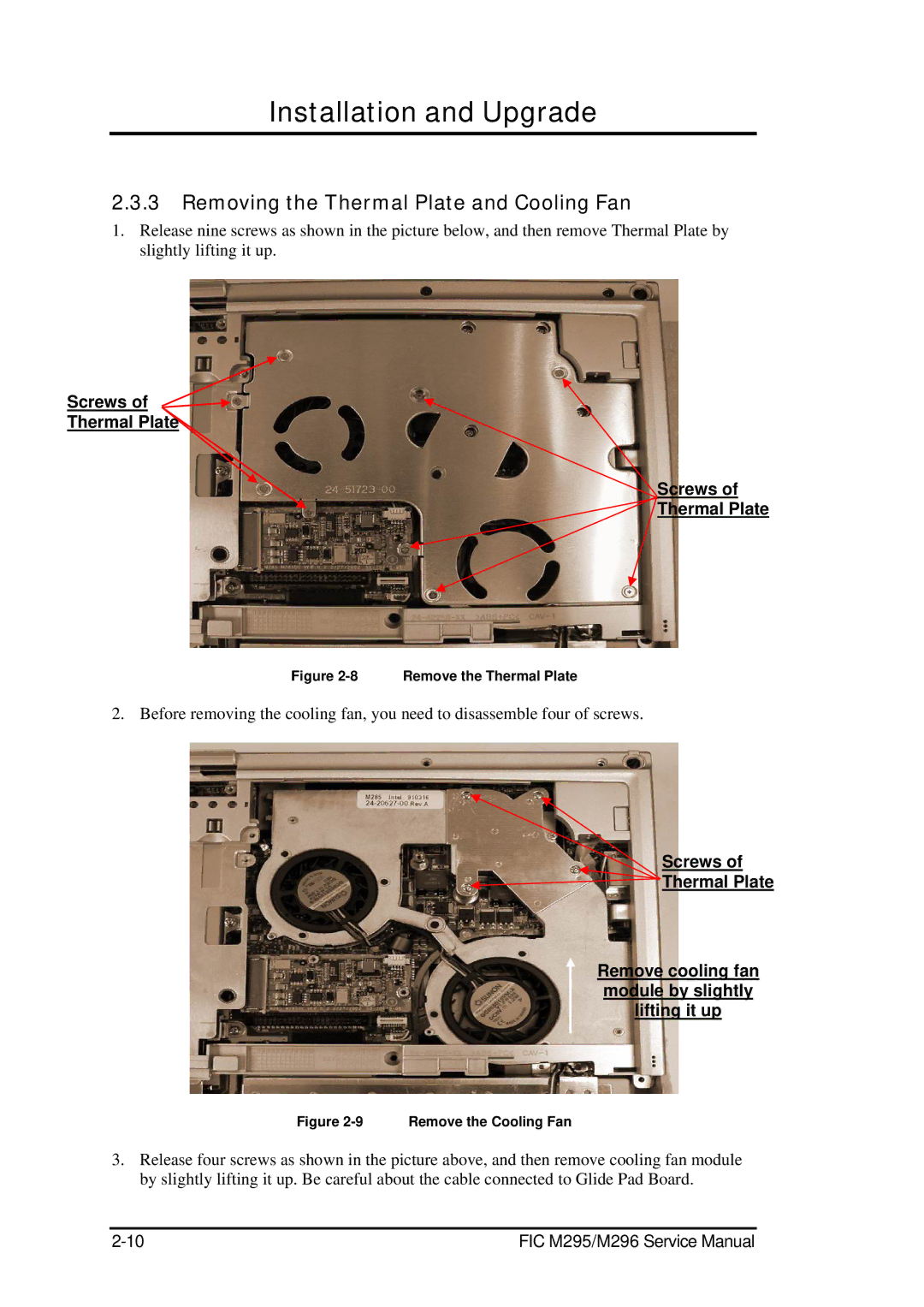 FIC M295, M296 service manual Removing the Thermal Plate and Cooling Fan, Screws Thermal Plate 