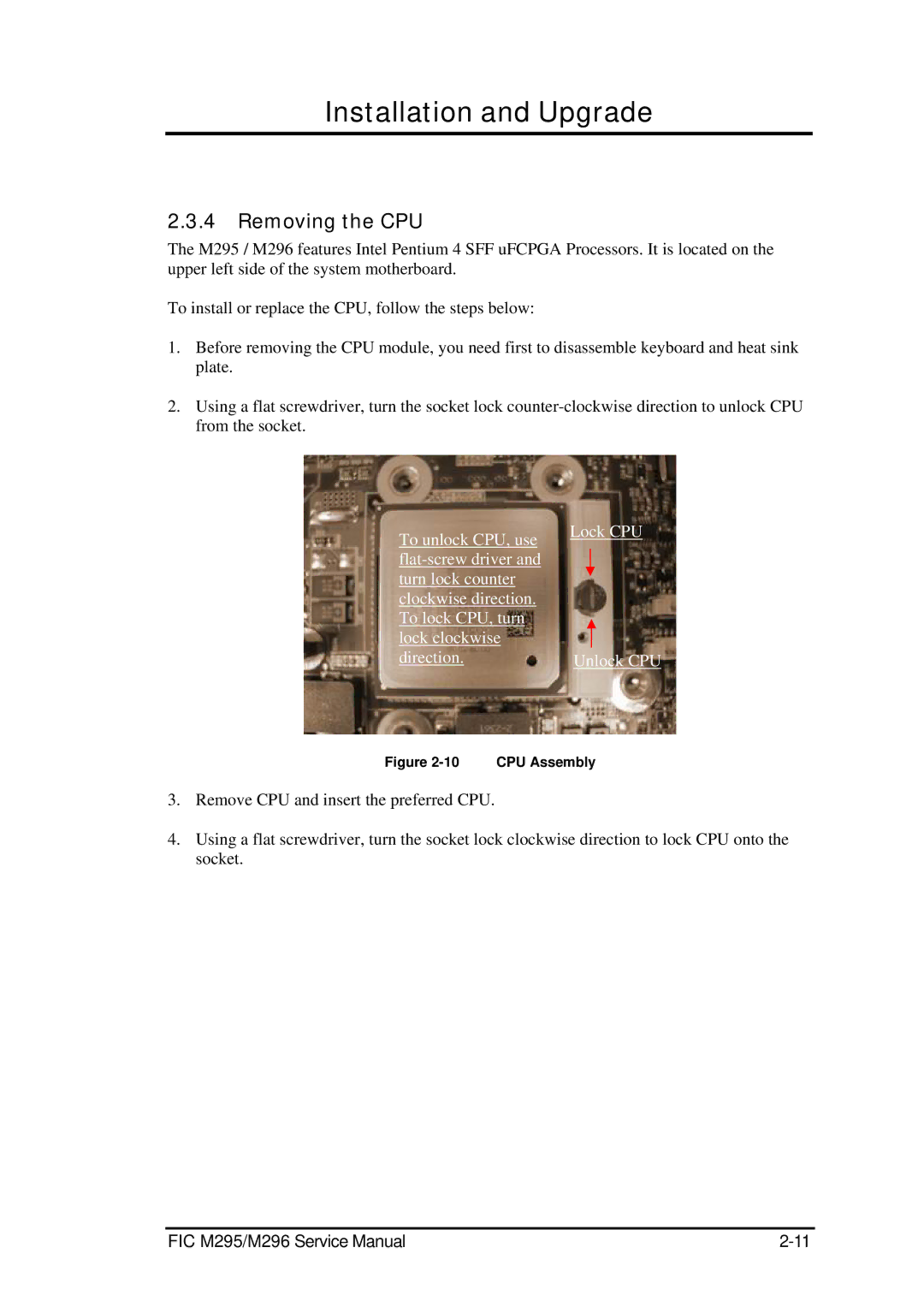 FIC M296, M295 service manual Removing the CPU, CPU Assembly 