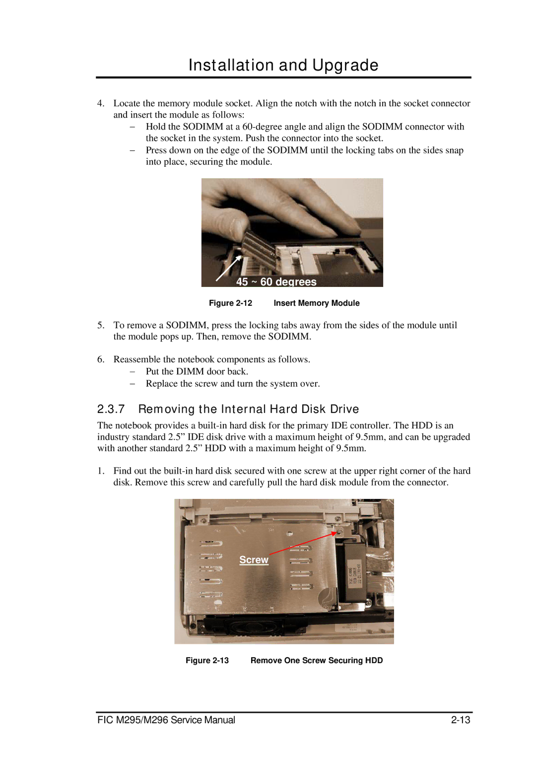 FIC M296, M295 service manual Removing the Internal Hard Disk Drive, Insert Memory Module 