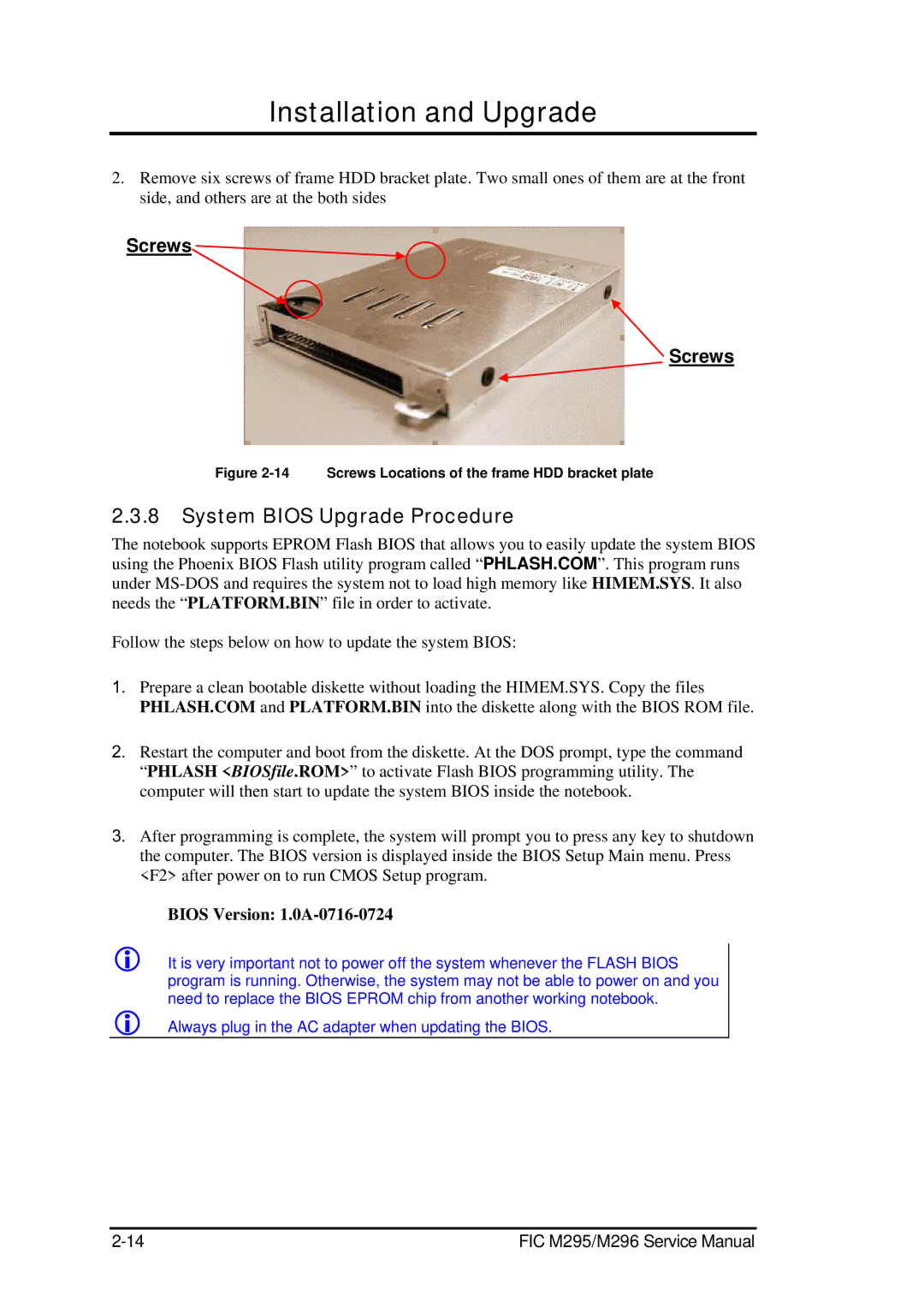 FIC M295, M296 service manual System Bios Upgrade Procedure, Bios Version 1.0A-0716-0724 