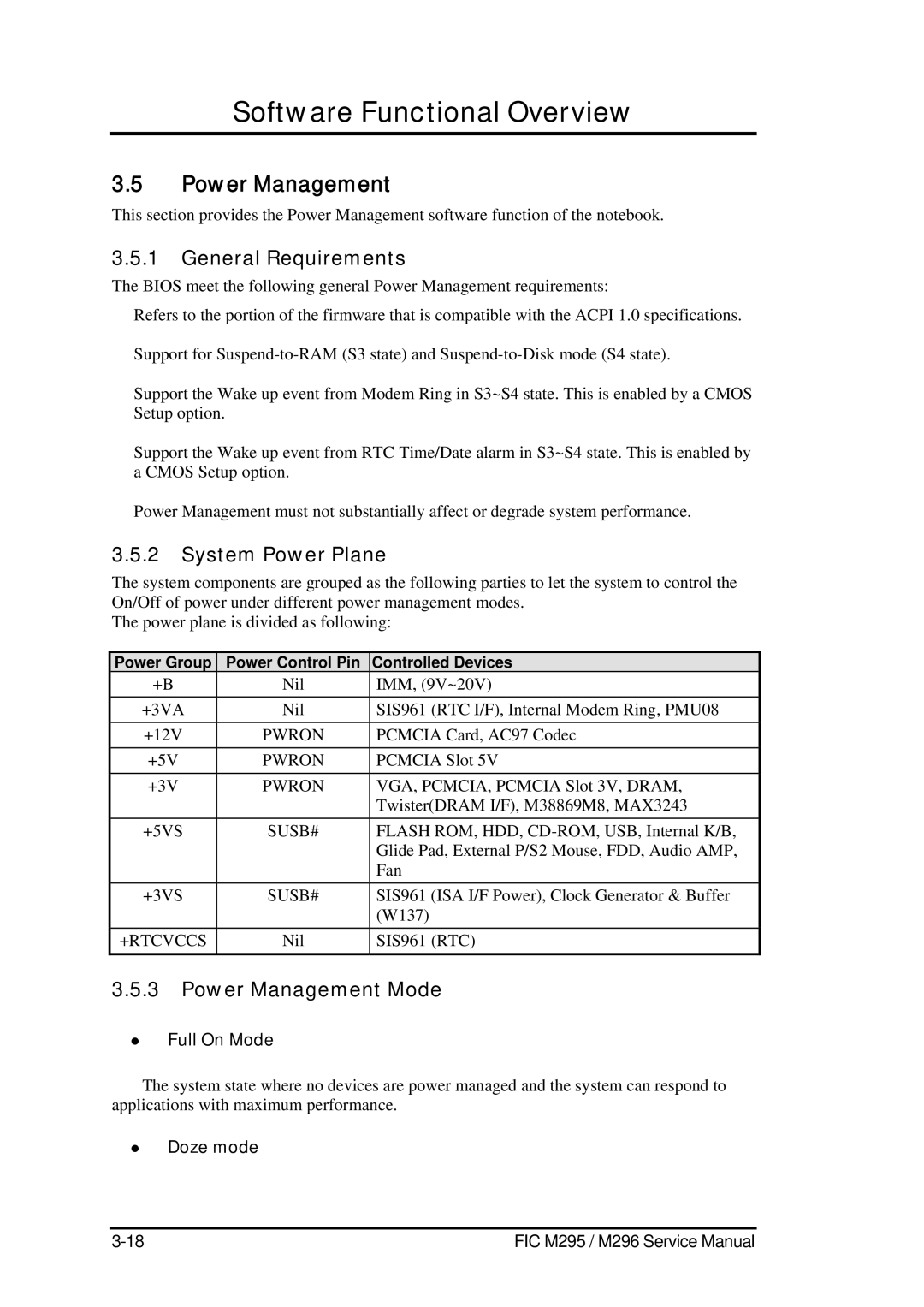 FIC M295, M296 service manual General Requirements, System Power Plane, Power Management Mode 