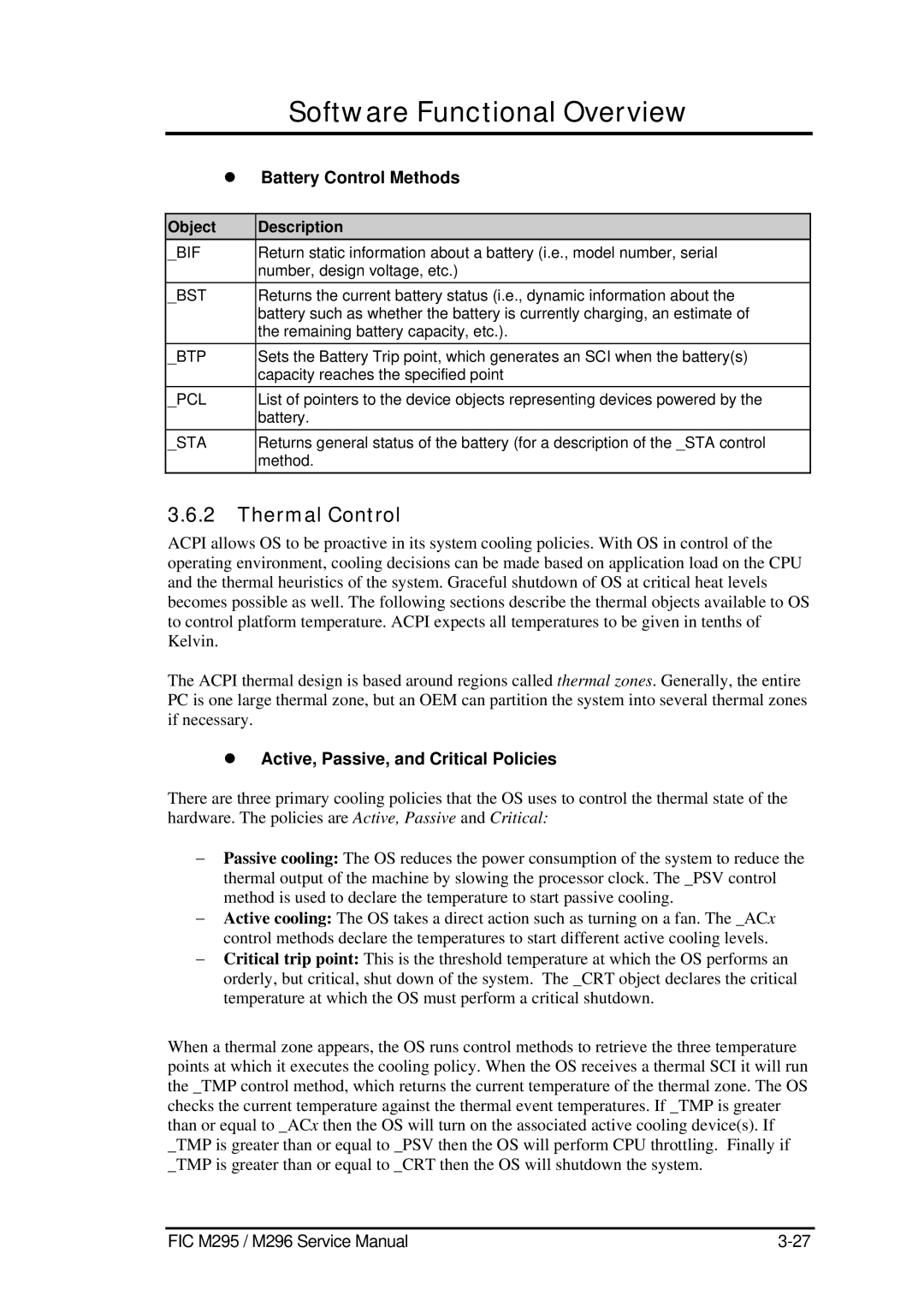 FIC M296, M295 Thermal Control, Battery Control Methods, Active, Passive, and Critical Policies, Object Description 