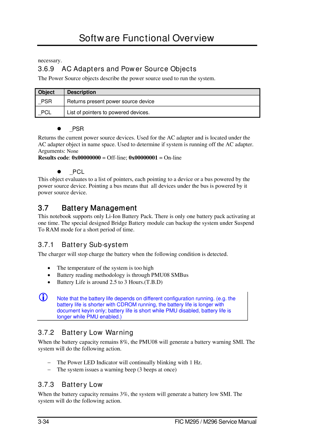 FIC M295, M296 Battery Management, AC Adapters and Power Source Objects, Battery Sub-system, Battery Low Warning 