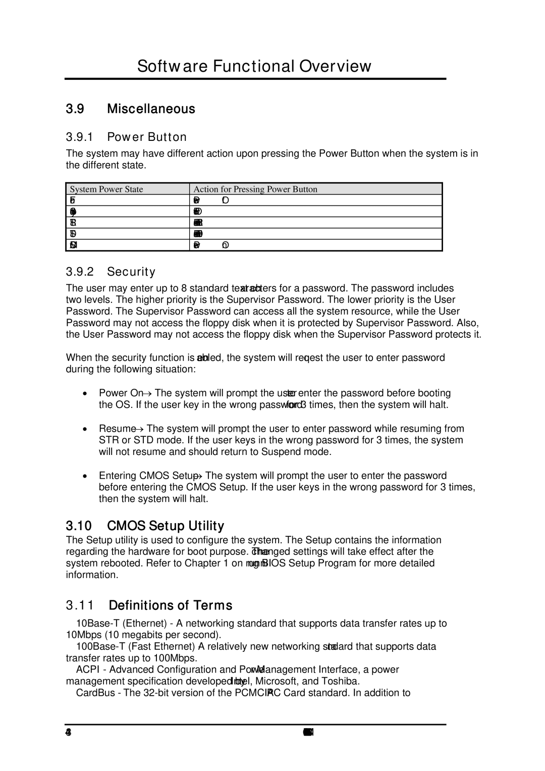 FIC M295, M296 service manual Miscellaneous, Cmos Setup Utility, Definitions of Terms, Power Button, Security 