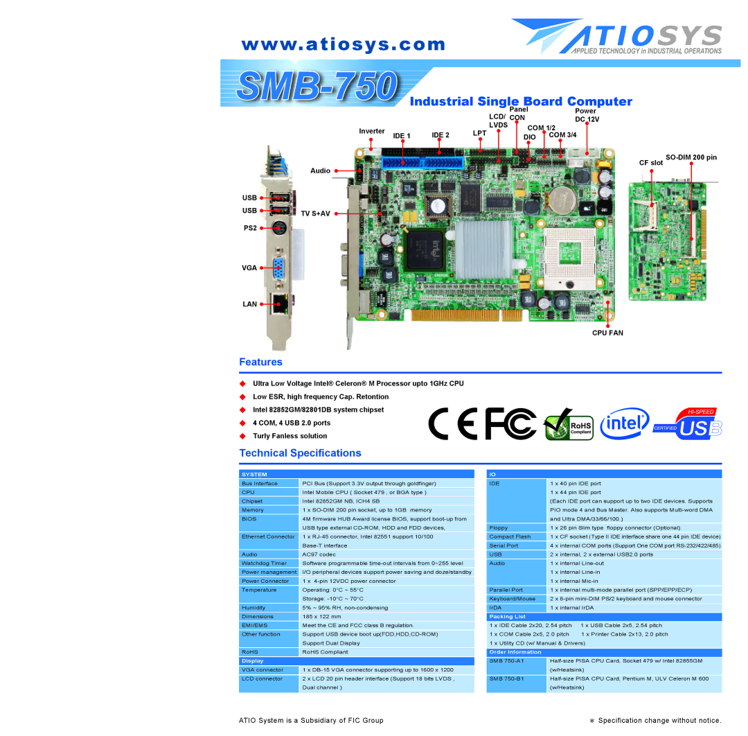 FIC SMB-750 technical specifications Features, Technical Specifications, Display, Packing List, Order Information 